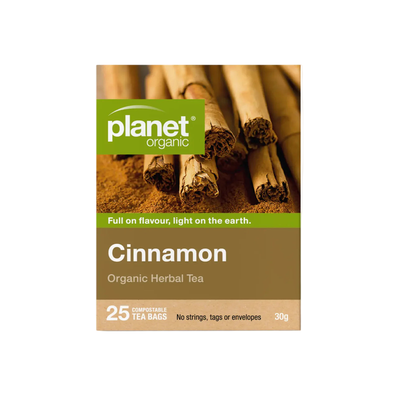 Planet Organic Cinnamon tea package with cinnamon sticks on a white background