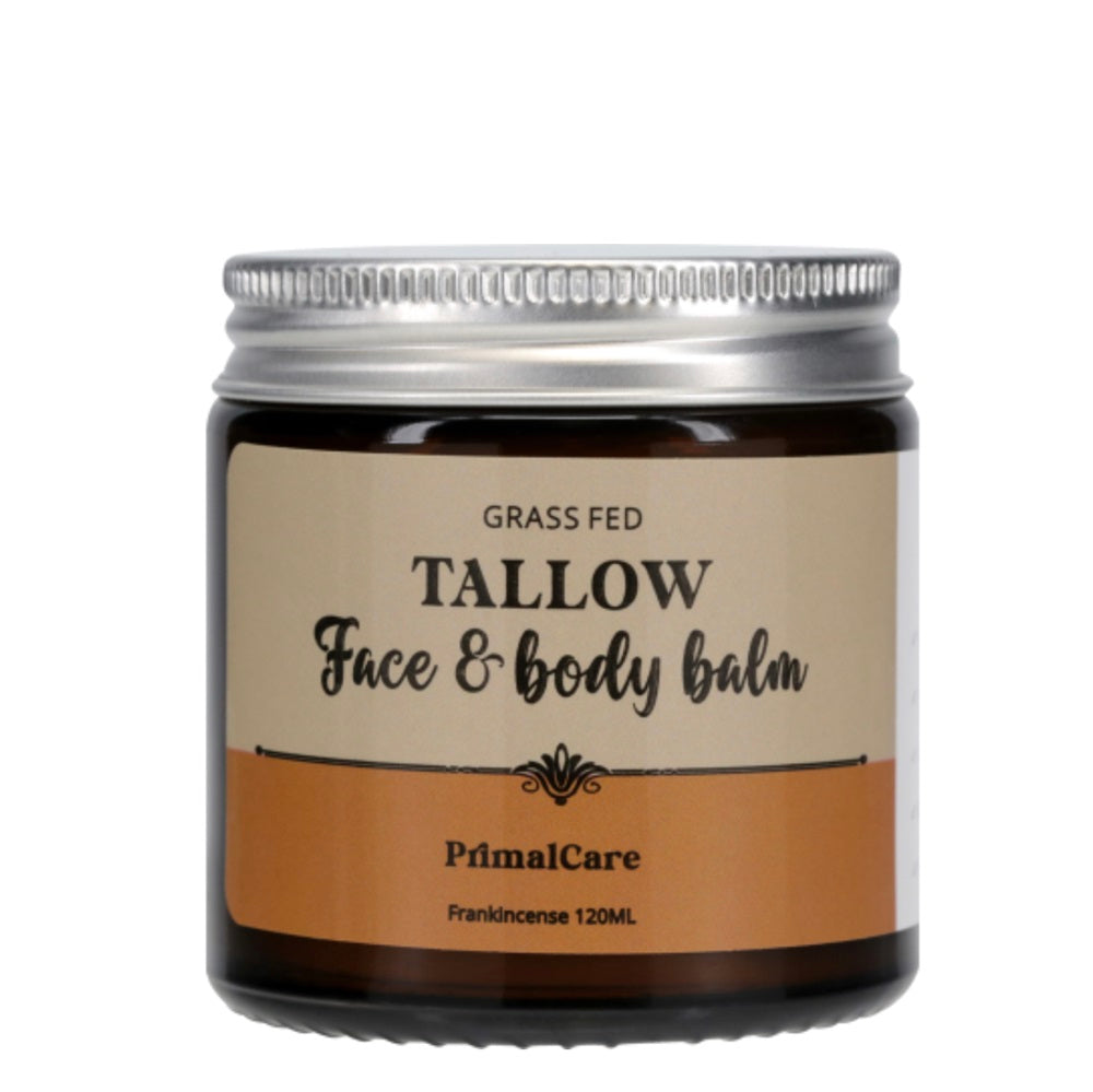Tallow face and body balm jar with 'PrimalCare' branding on a white background