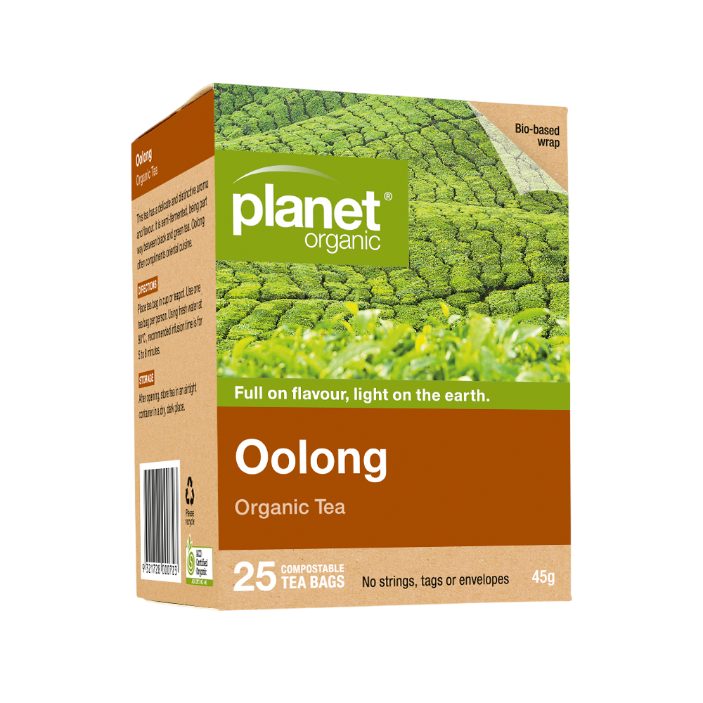 Planet Organic Oolong tea packaging with green field background