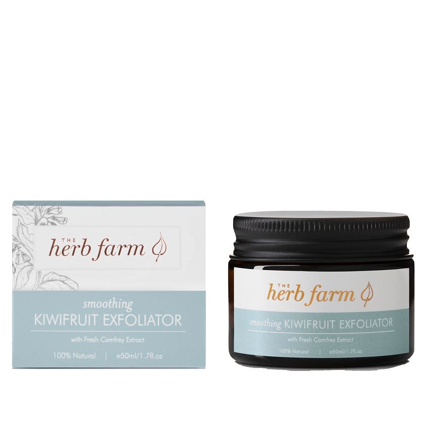 The Herb Farm Smoothing Kiwifruit Exfoliator 50ml jar – natural kiwi enzyme and scrub for radiant smooth skin