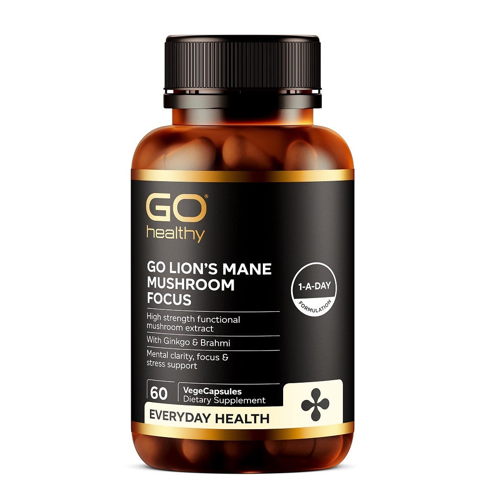 Image of GO HealthyGO Lions Mane Mushroom Focus bottle and capsules, for brain and mental clarity support.