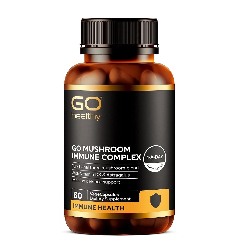 Image of GO Healthy GO Mushroom Immune Complex bottle and capsules