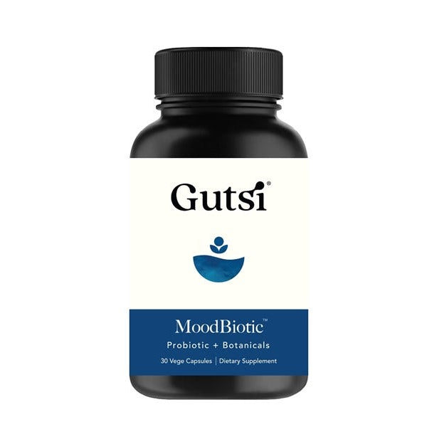 Black supplement bottle labeled 'Gutsi' on a white background