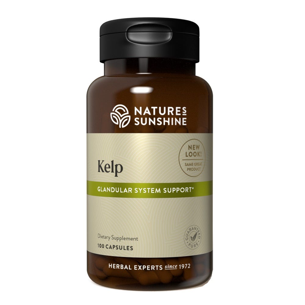 Image of Nature's Sunshine Kelp bottle and capsules for glandular support.