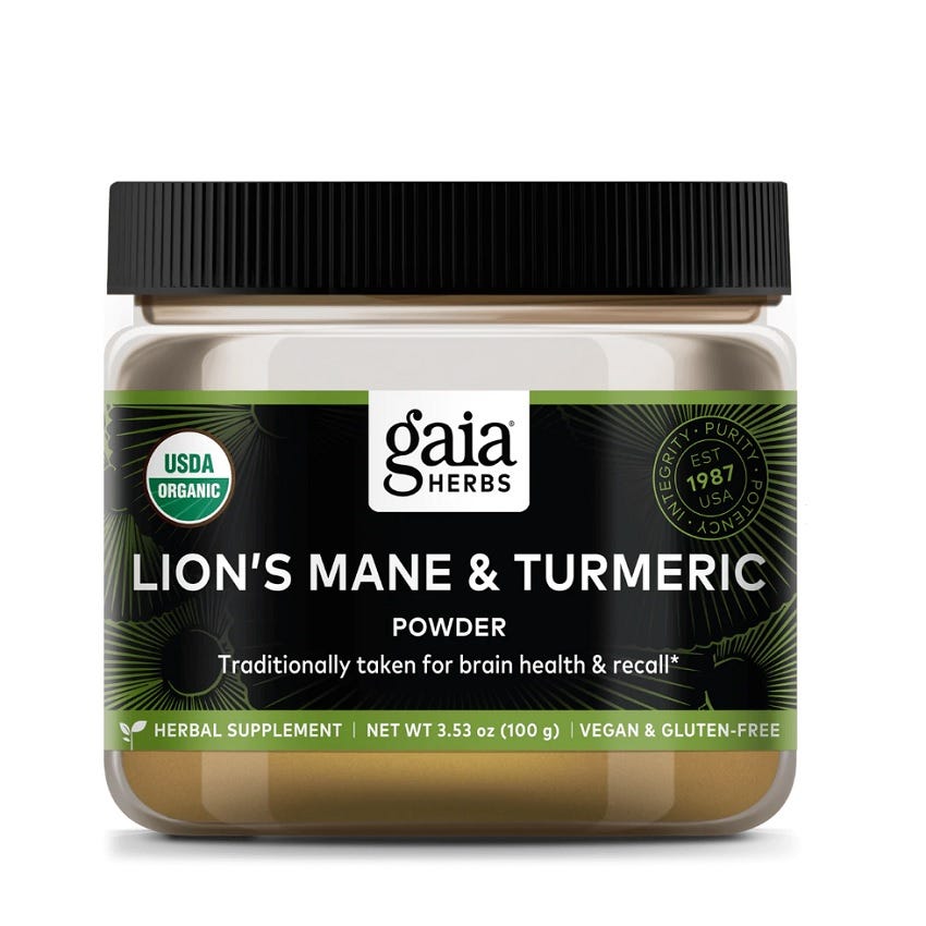 Image of Gaia Lion's Mane & Turmeric Supplements - Product Bottle and Capsules