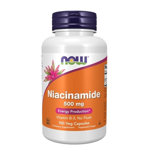 Supplement bottle labeled 'Niacinamide 500 mg' with Now brand on a white background