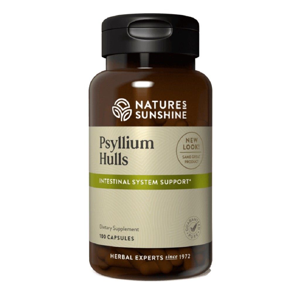 Image of Nature's Sunshine Psyllium Hulls bottle and capsules, for intestinal support.