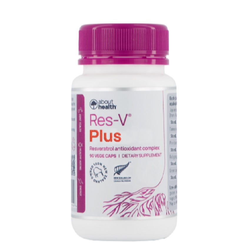 Image of About Health Res-V Plus Bottle nd Capsules for antioxidant support.
