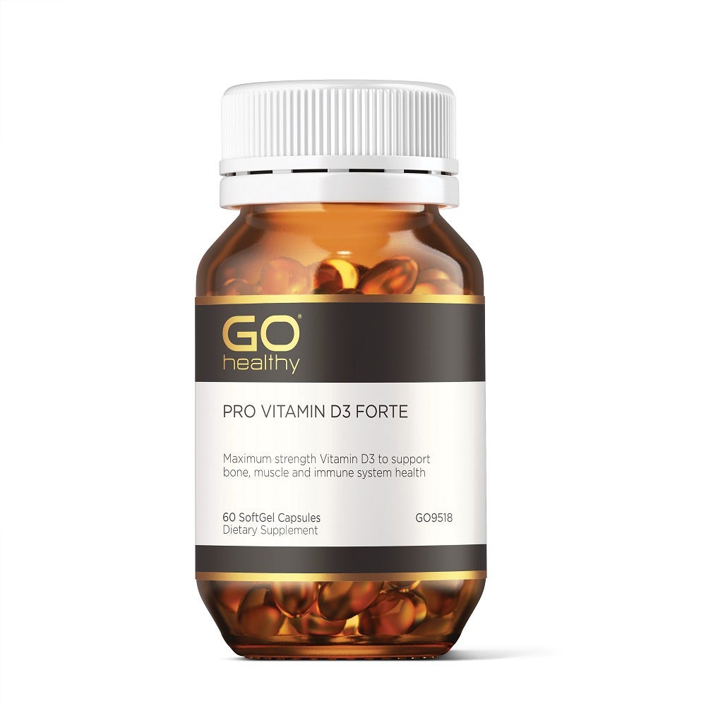 Image of GO Heathy PRO Vitamin D3 Forte 60 Capsules in a glass bottle