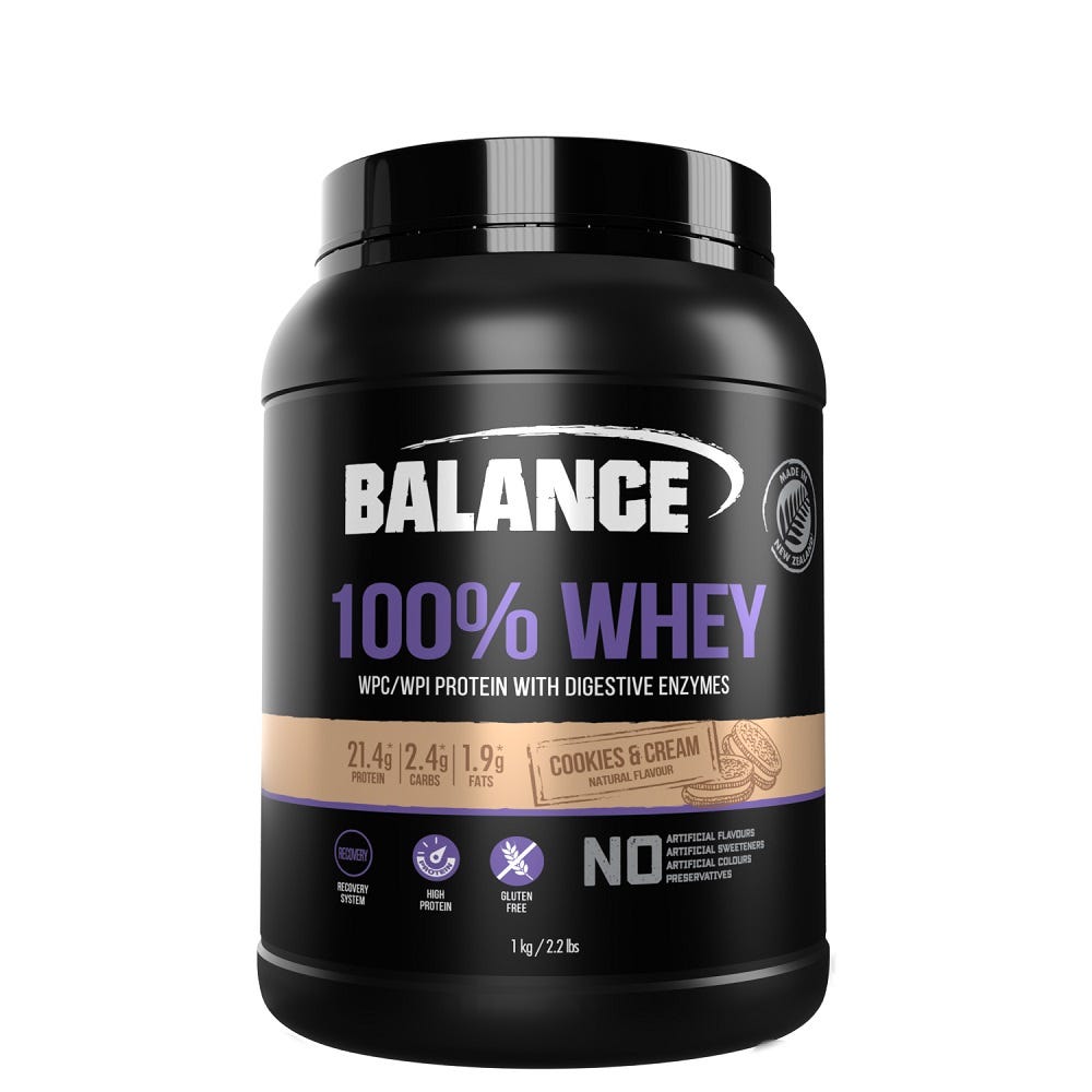 Balance 100% Whey Protein Cookies & Cream – high-quality whey protein powder for muscle recovery