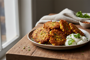 Corn fritters with bacon and avocado salsa