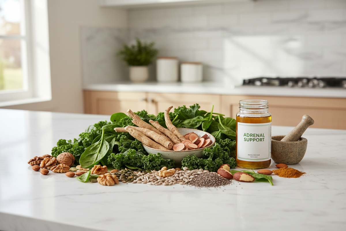 A bright kitchen benchtop scene featuring adrenal-supporting ingredients — ashwagandha root, rhodiola, leafy greens, nuts, and seeds — arranged neatly with soft natural daylight to convey energy, stress balance, and natural hormonal support.