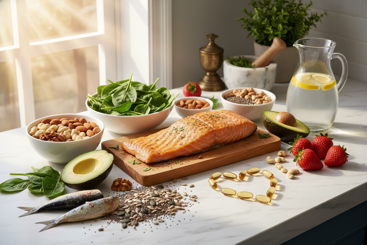 A bright kitchen benchtop scene featuring natural heart- and energy-supporting ingredients — Co-Q10 rich foods like oily fish, spinach, nuts, and seeds — arranged with soft daylight to convey vitality, cardiovascular health, and natural energy.