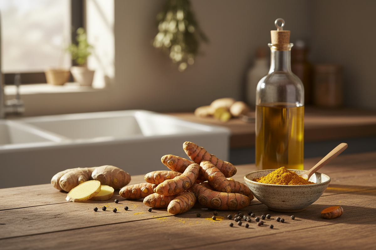 fresh turmeric roots, ground turmeric powder  for natural anti-inflammatory support.