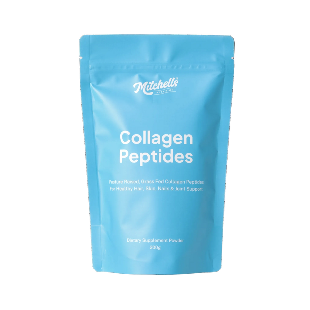 Blue package of Mitchells Collagen Peptides on a white background