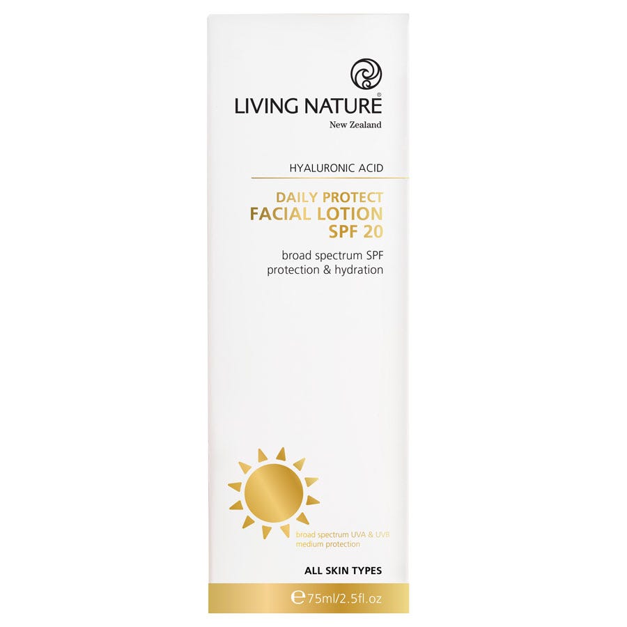 Living Nature Daily Protect Facial Lotion SPF 20 in bottle and box – natural daily broad‑spectrum sunscreen - 75ml Box 