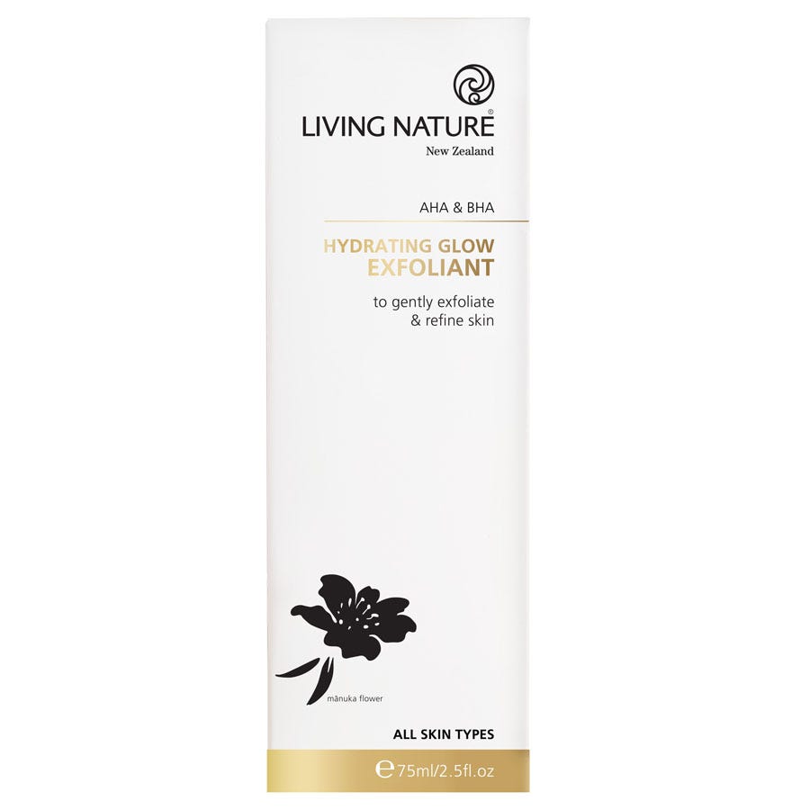 Living Nature Hydrating Glow Exfoliant – 75 ml tube of natural exfoliating gel with botanical extracts for glowing skin - box