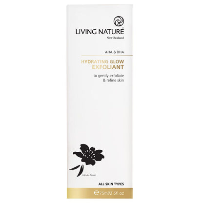 Living Nature Hydrating Glow Exfoliant – 75 ml tube of natural exfoliating gel with botanical extracts for glowing skin - box