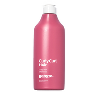 Pink shampoo bottle with white cap labeled 'Curly Curl Hair' by 'genye.' on a white background