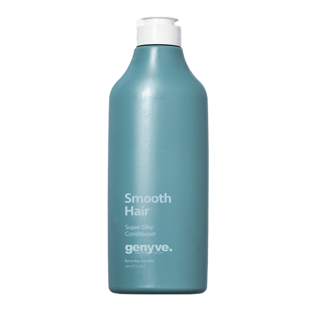 Blue bottle of 'Smooth Hair' conditioner by genye on a white background