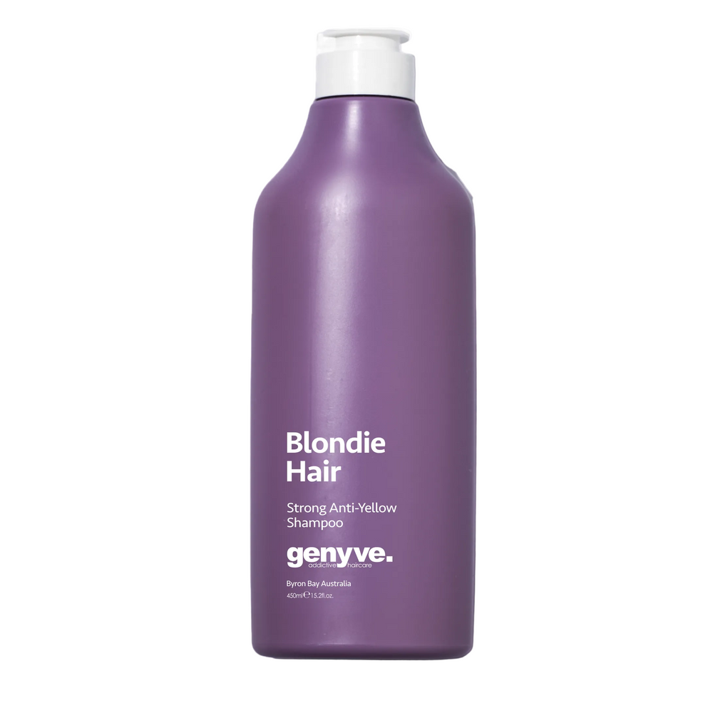 Purple shampoo bottle with white pump labeled 'Blondie Hair Strong Anti-Yellow Shampoo genye.' on a white background