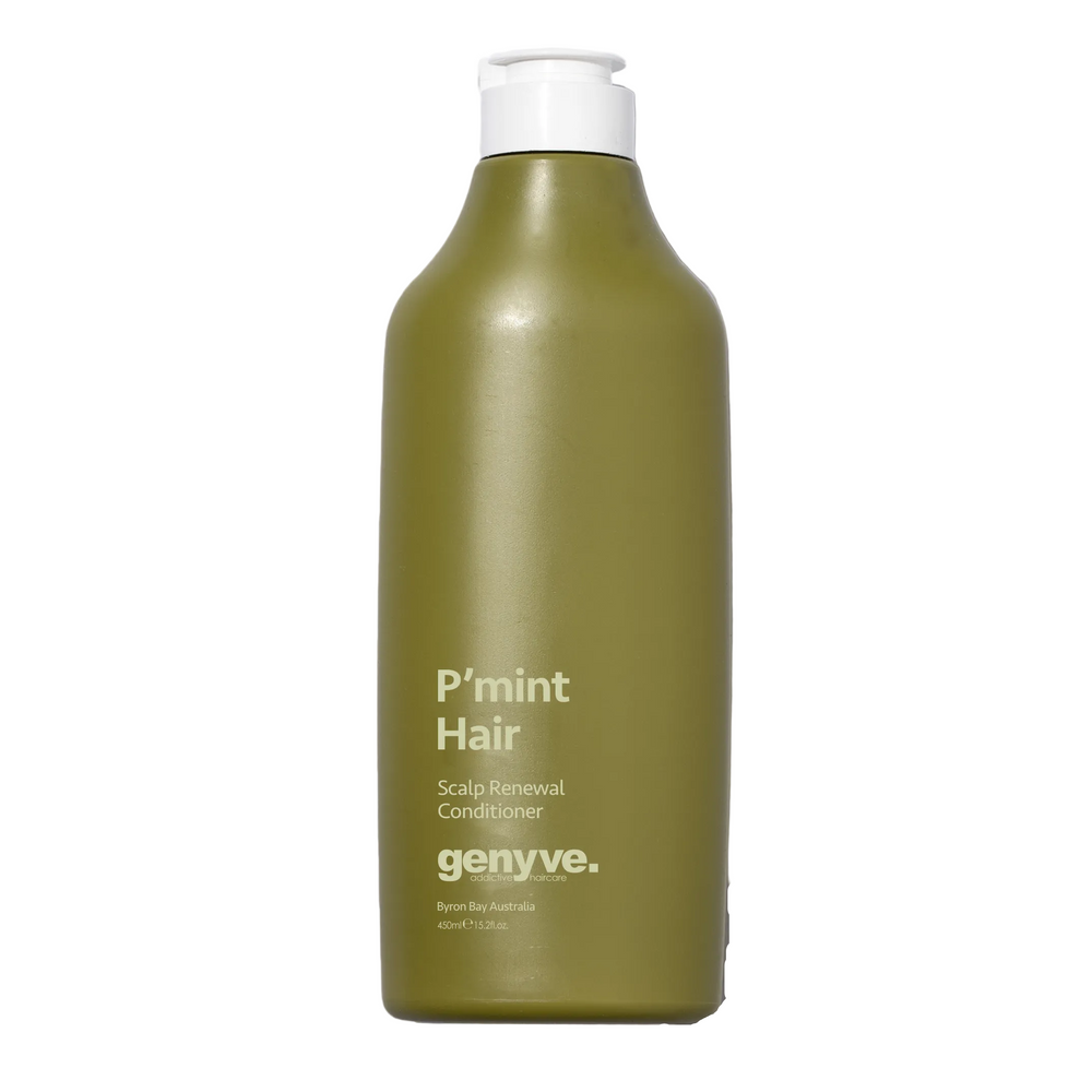 Green bottle of 'P'mint Hair' conditioner by genye on a white background