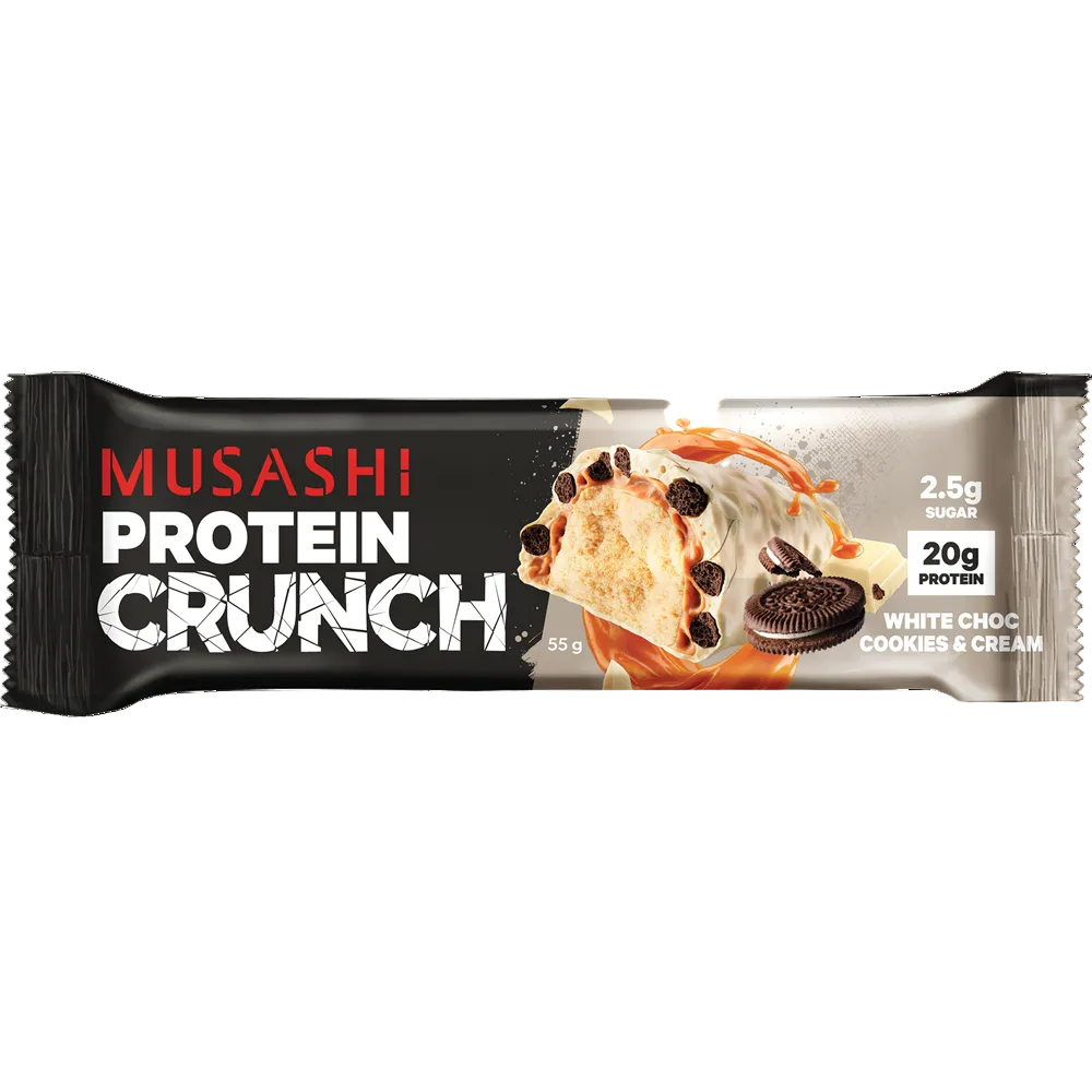 Musashi Protein Crunch white chocolate cookie and cream protein bar in its black and silver wrapper, featuring an illustration of a cookie and cream sandwich with chocolate chips.
