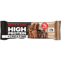 Musashi High Protein + Creatine chocolate brownie protein bar in its packaging, featuring a black and brown design with a chocolate brownie and drizzled chocolate on the front.