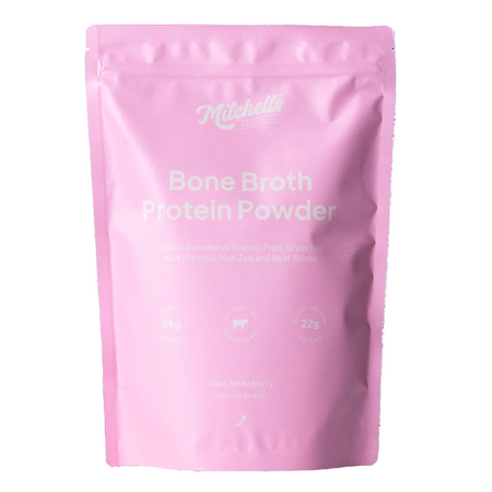 Pink package of Mitchell's Bone Broth Protein Powder on a white background