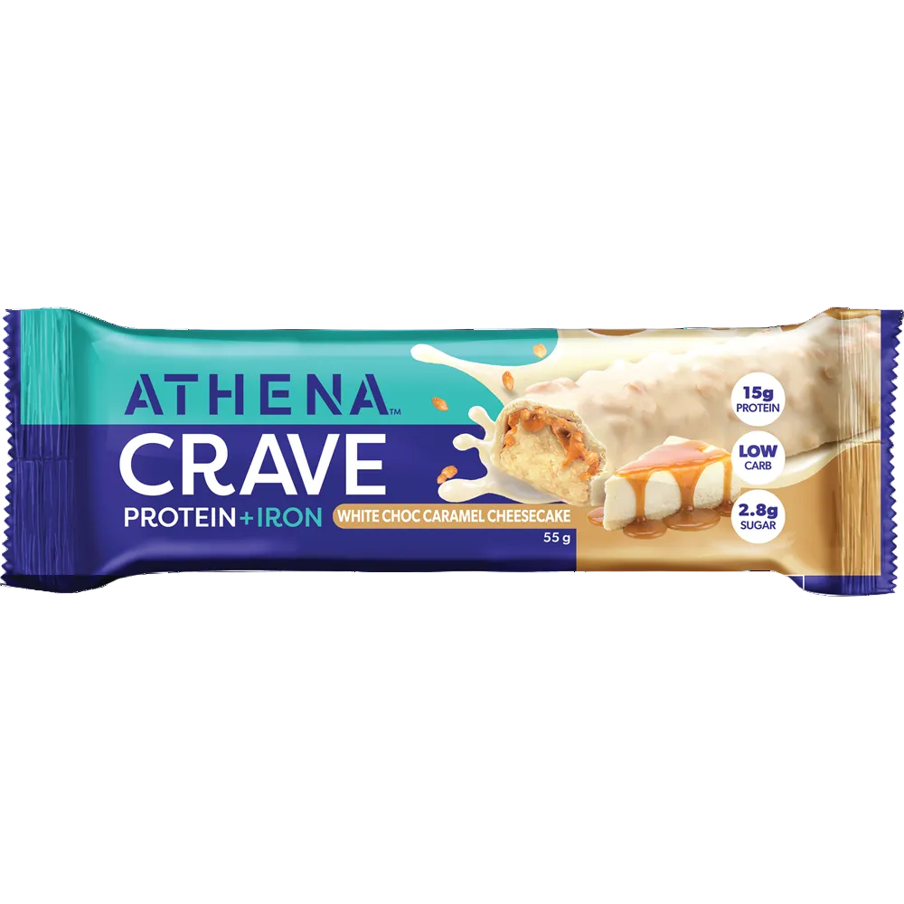 A single Athena Crave protein bar in white chocolate caramel cheesecake flavor, shown in its retail wrapper against a plain white background.