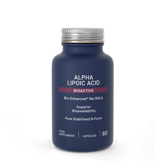 Blue supplement bottle labeled 'Alpha Lipoic Acid' on a white background