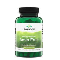 A bottle of Swanson Full Spectrum Amla Fruit herbal supplement, 120 vegan capsules, 500 mg per capsule, shown on a solid black background.
