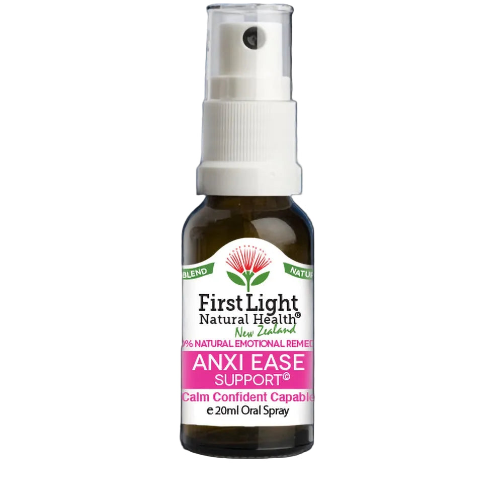 First Light Natural Health Anxi Ease Support spray bottle on a black background