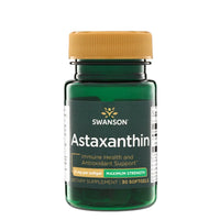 A bottle of Swanson Astaxanthin dietary supplement, featuring a dark green bottle, a tan cap, and a dark green label with white and gold text, set against a solid black background.