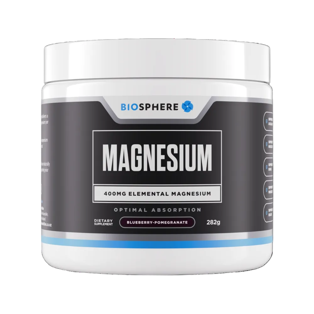 A white plastic tub of Biosphere Magnesium dietary supplement with a dark gray label, featuring blue and white accents, on a plain white background.