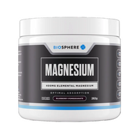 A white plastic tub of Biosphere Magnesium dietary supplement with a dark gray label, featuring blue and white accents, on a plain white background.