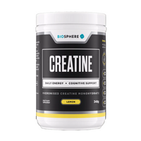 A white plastic tub of Biosphere Creatine dietary supplement with a black label, featuring the brand name 'BIOSPHERE' and product name 'CREATINE' in bold white text, with a yellow accent bar indicating 'LEMON' flavor.
