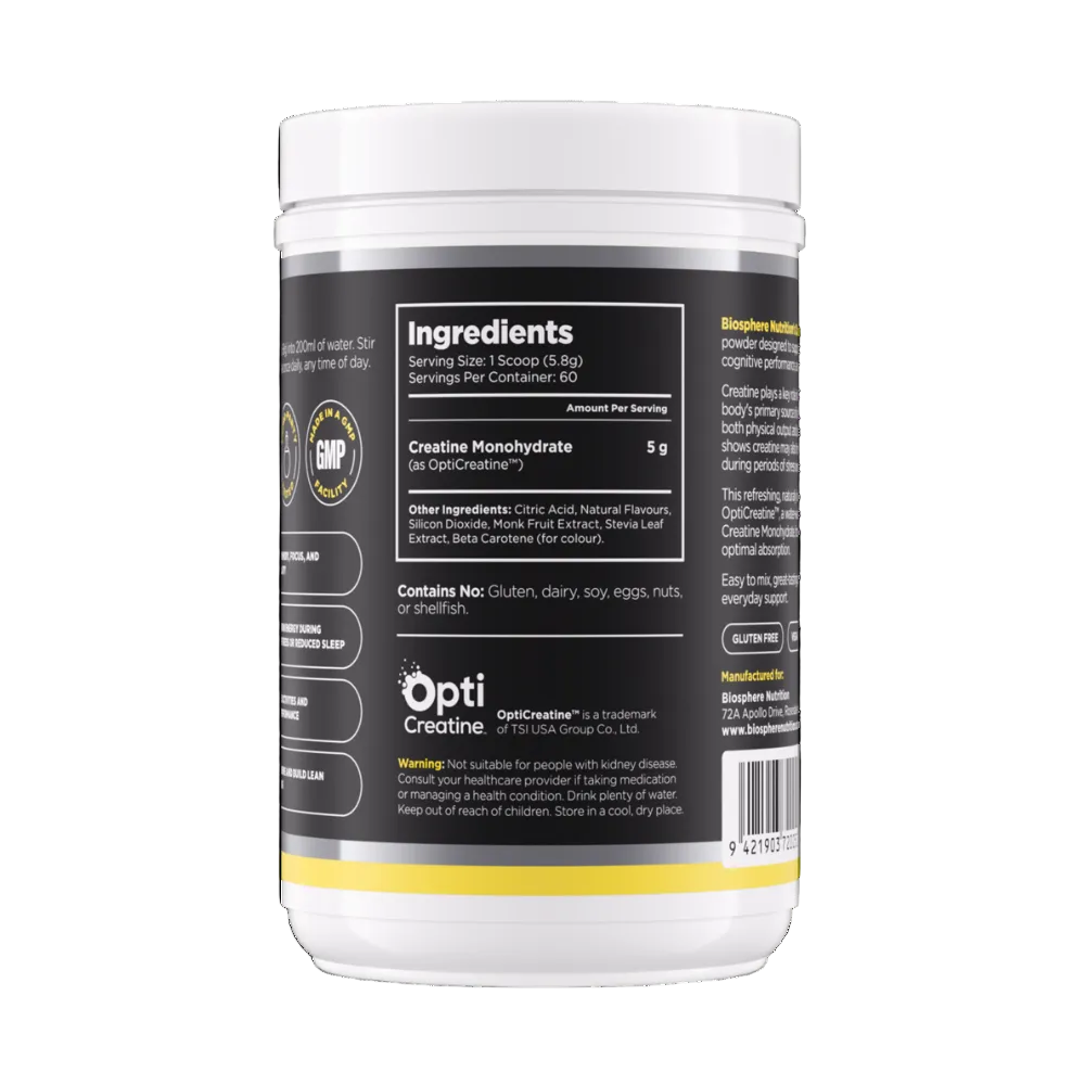 A white plastic tub of OptiCreatine Creatine Monohydrate with a black and white label, showing the ingredients panel and product details.