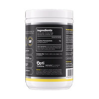 A white plastic tub of OptiCreatine Creatine Monohydrate with a black and white label, showing the ingredients panel and product details.