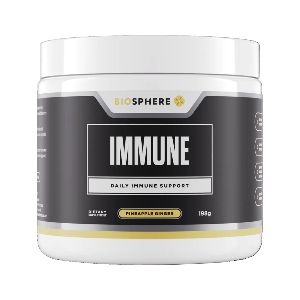 Biosphere Immune Daily Immune Support dietary supplement in a white plastic jar with a black label, featuring pineapple ginger flavor.