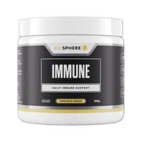 Biosphere Immune Daily Immune Support dietary supplement in a white plastic jar with a black label, featuring pineapple ginger flavor.