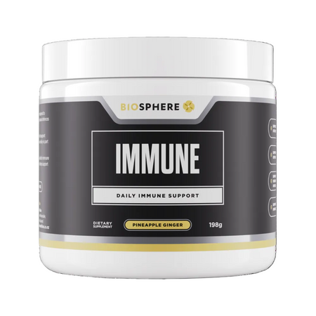 Biosphere Immune Daily Immune Support dietary supplement in a white plastic jar with a black label, featuring pineapple ginger flavor.