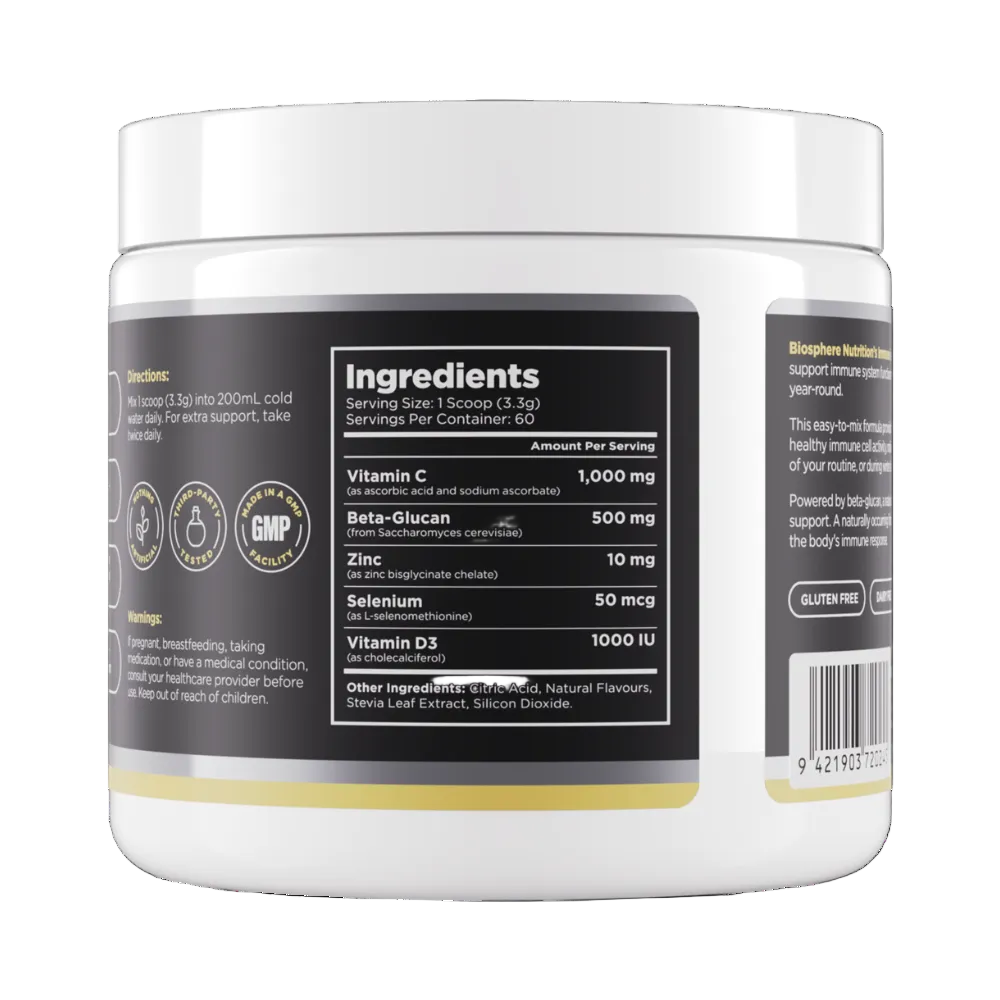 A white plastic supplement jar with a white lid, showing the back label with ingredients, directions, and certification icons on a white background.