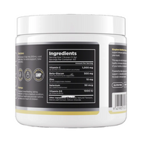 A white plastic supplement jar with a white lid, showing the back label with ingredients, directions, and certification icons on a white background.