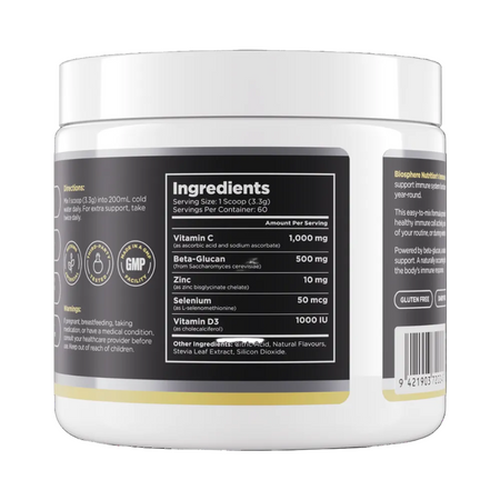 A white plastic supplement jar with a white lid, showing the back label with ingredients, directions, and certification icons on a white background.