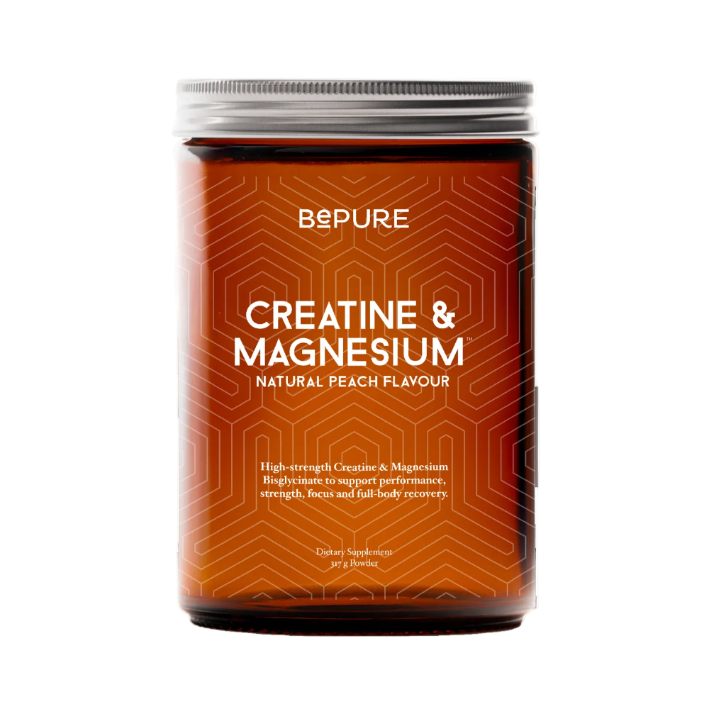Supplement container labeled 'Creatine & Magnesium' with a geometric pattern on an orange background.