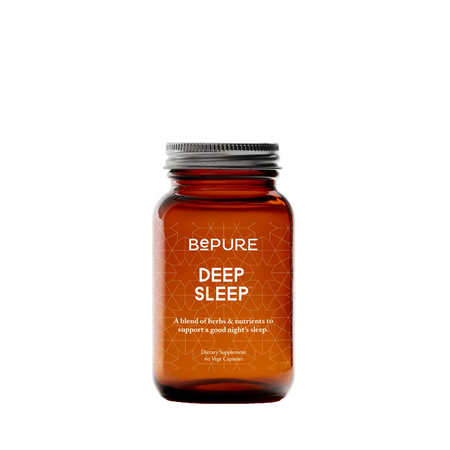 An amber glass bottle of BEPURE Deep Sleep dietary supplement with a silver metal cap, centred on a solid white background.