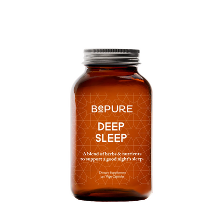An amber glass bottle of Bepure Deep Sleep dietary supplement with a silver cap, centered on a plain white background.