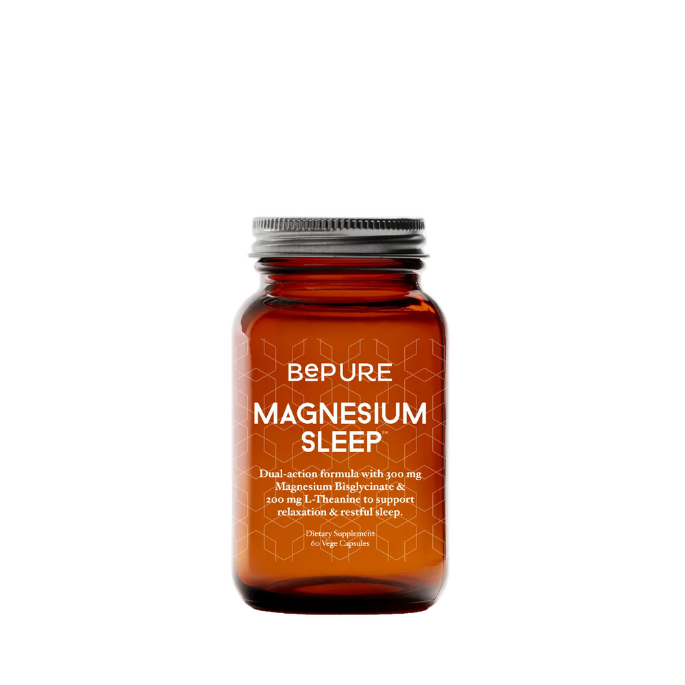 An amber glass bottle of Bepure Magnesium Sleep dietary supplement with a silver metal cap, centered on a plain white background.