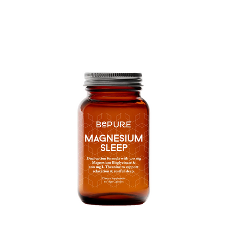 An amber glass bottle of Bepure Magnesium Sleep dietary supplement with a silver metal cap, centered on a plain white background.